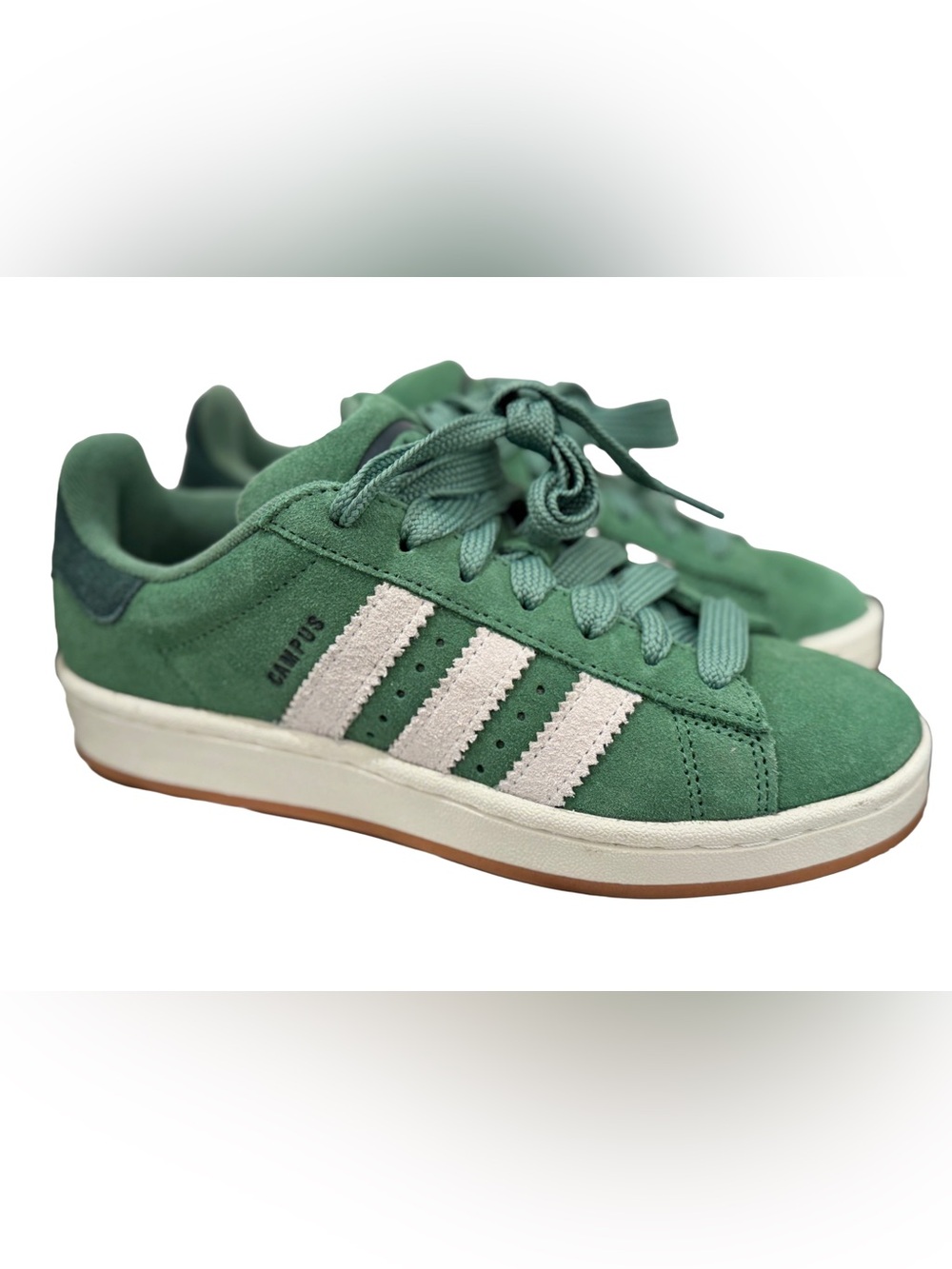 Adidas Green Suede Sneakers with White Stripes. Size 7